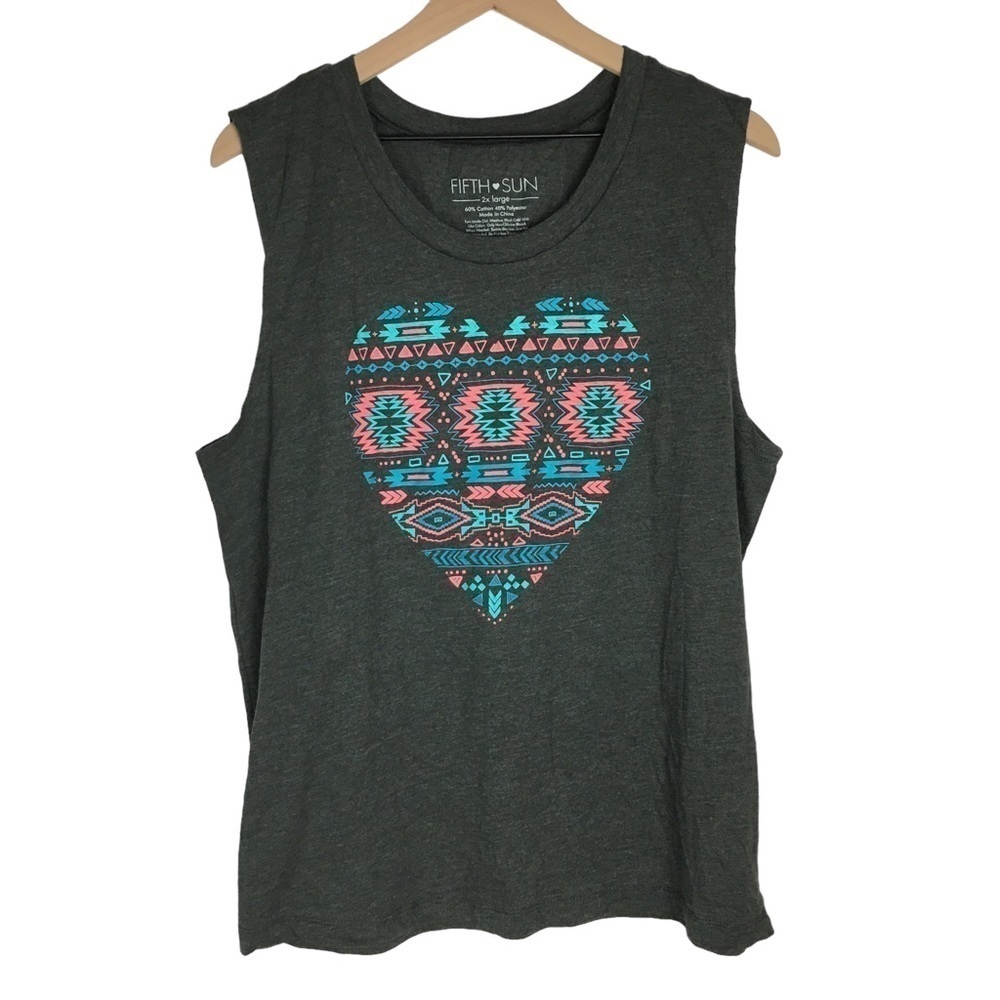 FIFTH SUN Tank Top Sleeveless Heart Southwestern Tribal Aztec Boho Plus Size 2XL